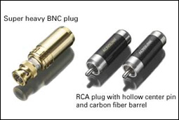 Super heavy BNC plug/RCA plug with hollow center pin and carbon fiber barrel